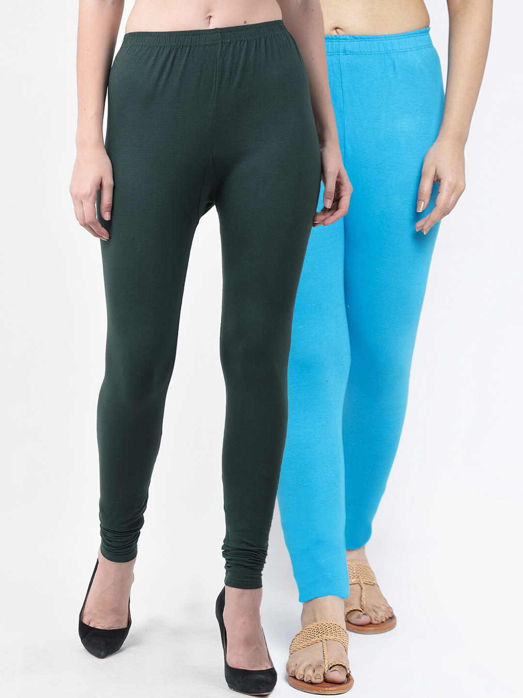 

GRACIT Women Pack Of 2 Green & Turquoise Blue Solid Ankle-Length Leggings