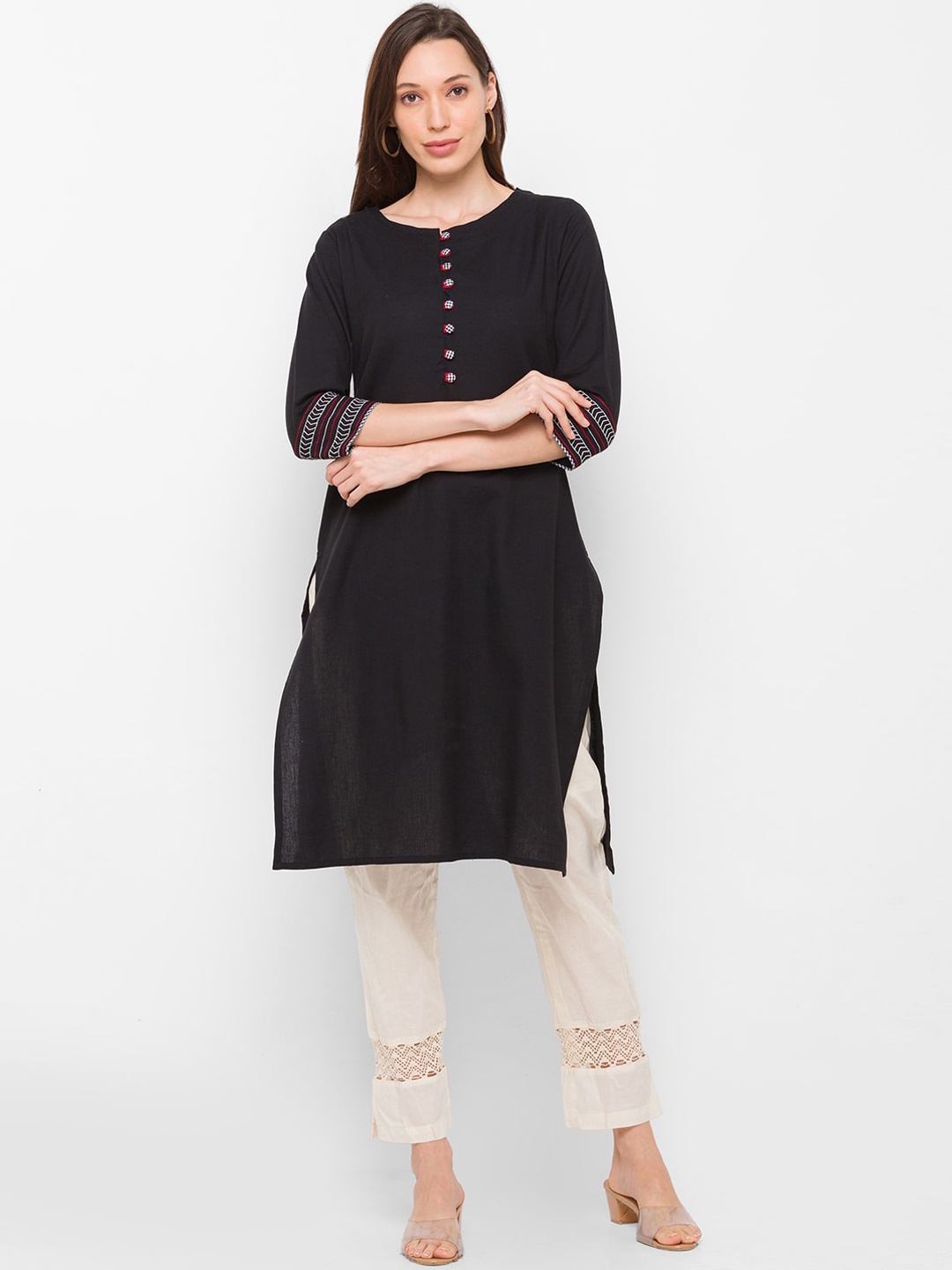 

Globus Women Black Pure Cotton Kurta with Trousers Kurta Set