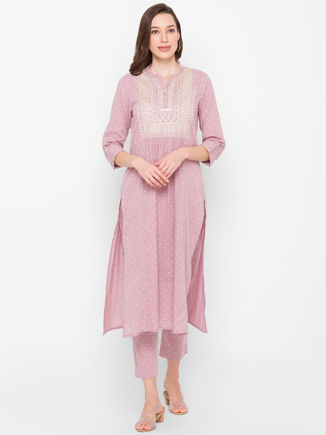 

Globus Women Purple Ethnic Motifs Pleated Mirror Work Pure Cotton Kurta with Trousers