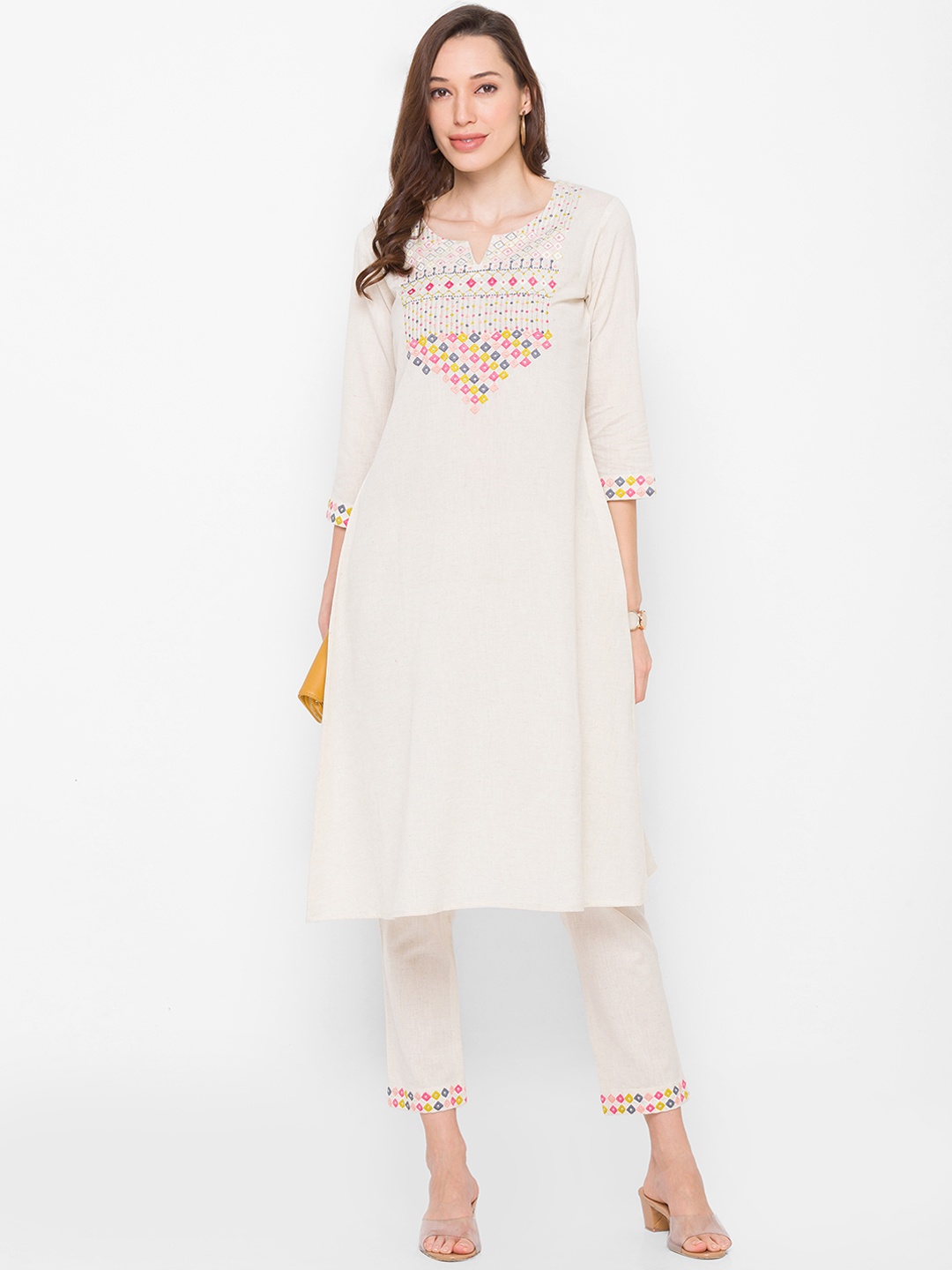 

Globus Women Off White Embroidered Pure Cotton Kurta with Trousers
