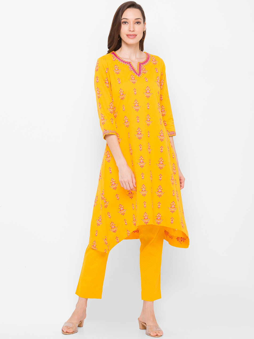 

Globus Women Yellow Ethnic Motifs Printed Pure Cotton Kurti With Trousers