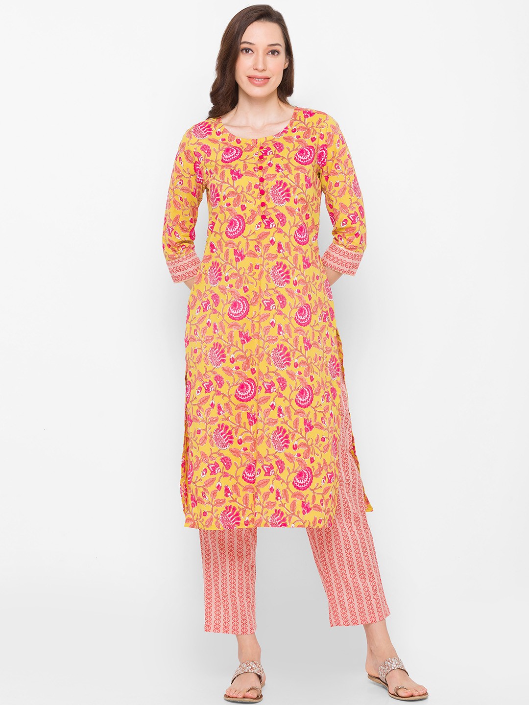 

Globus Women Yellow Floral Printed Pure Cotton Kurta with Trousers