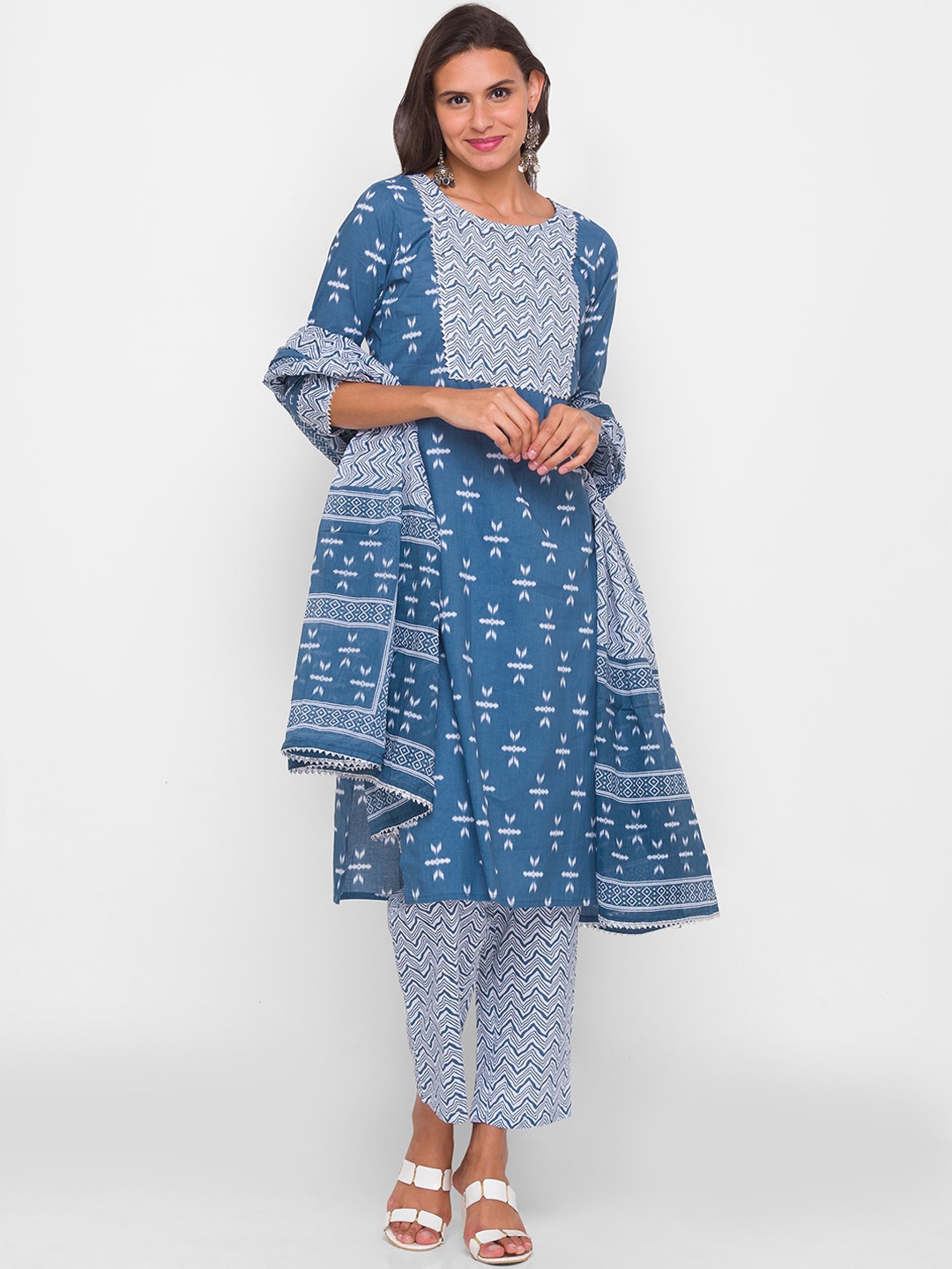 

Globus Women Blue Printed Pure Cotton Kurta with Trousers & Dupatta