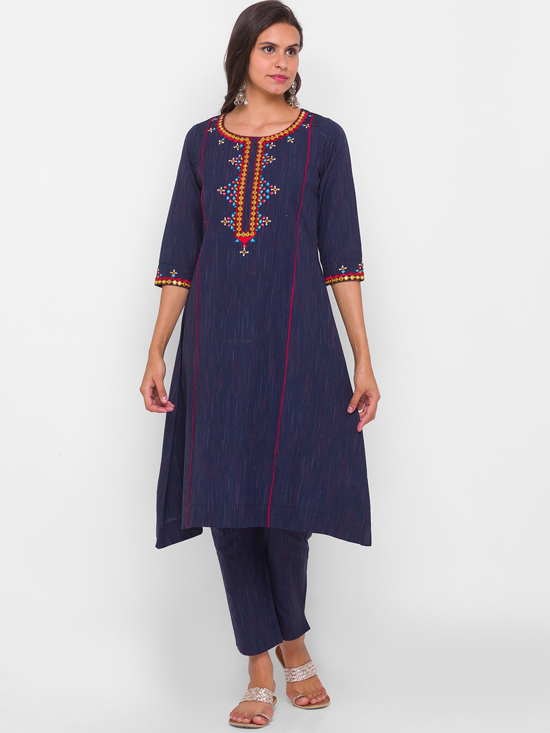 

Globus Women Navy Blue Embroidered Layered Pure Cotton Kurta with Trousers