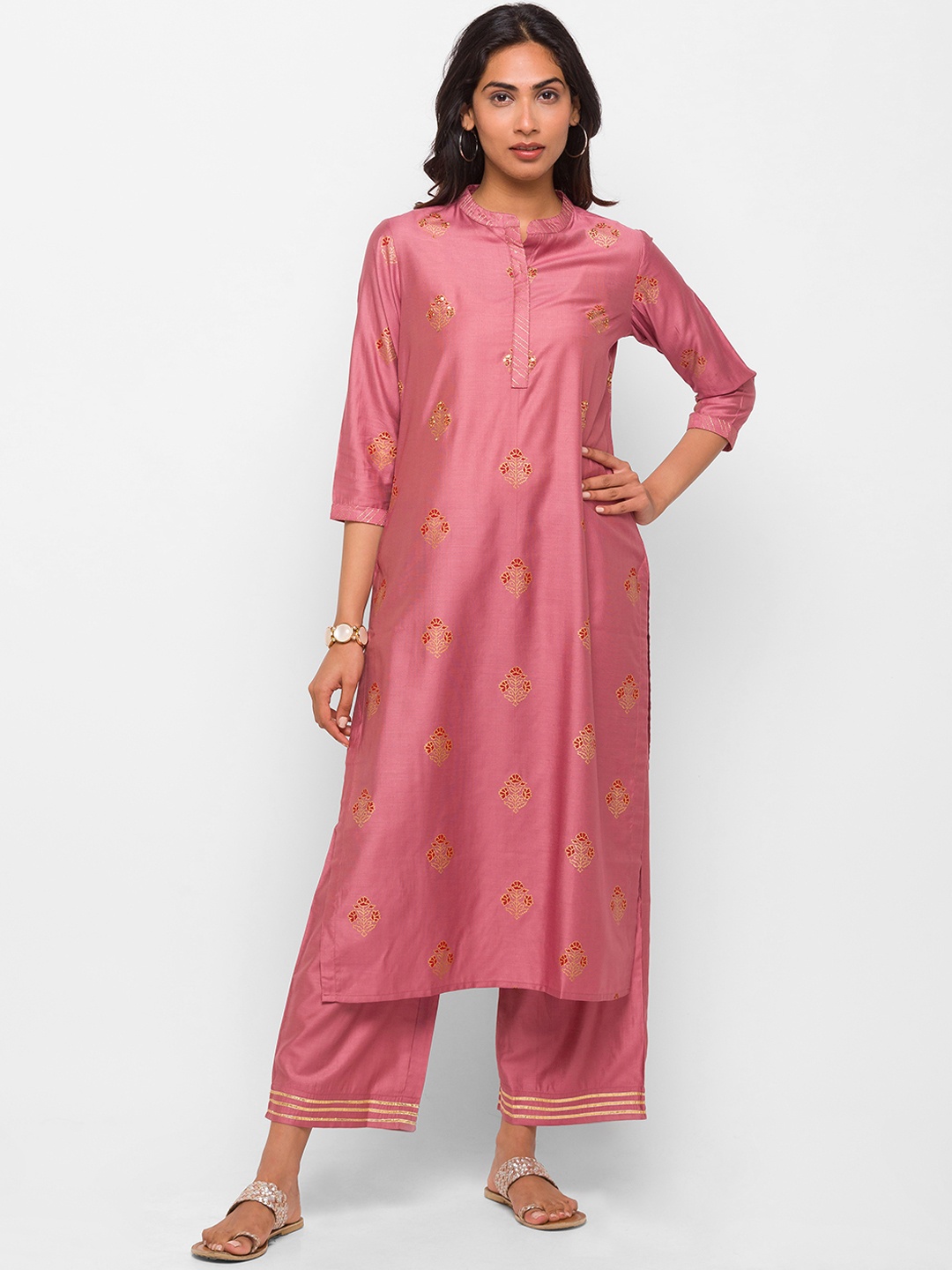 

Globus Women Pink Ethnic Motifs Printed Sequinned Kurta with Palazzos