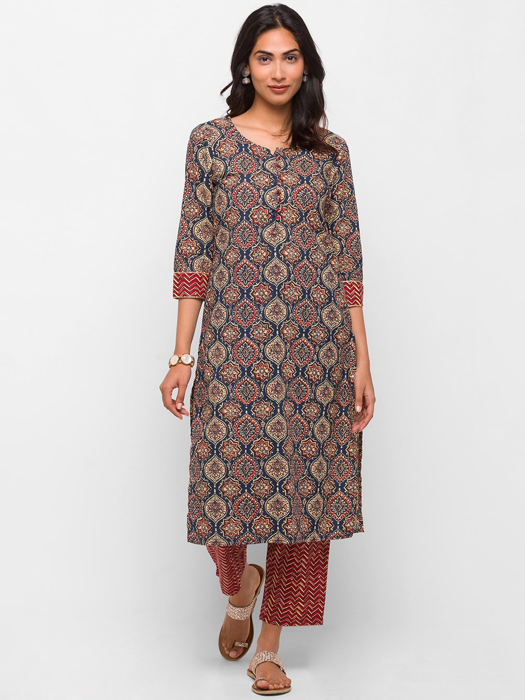 

Globus Women Navy Blue Ethnic Motifs Printed Pure Cotton Kurta with Trousers