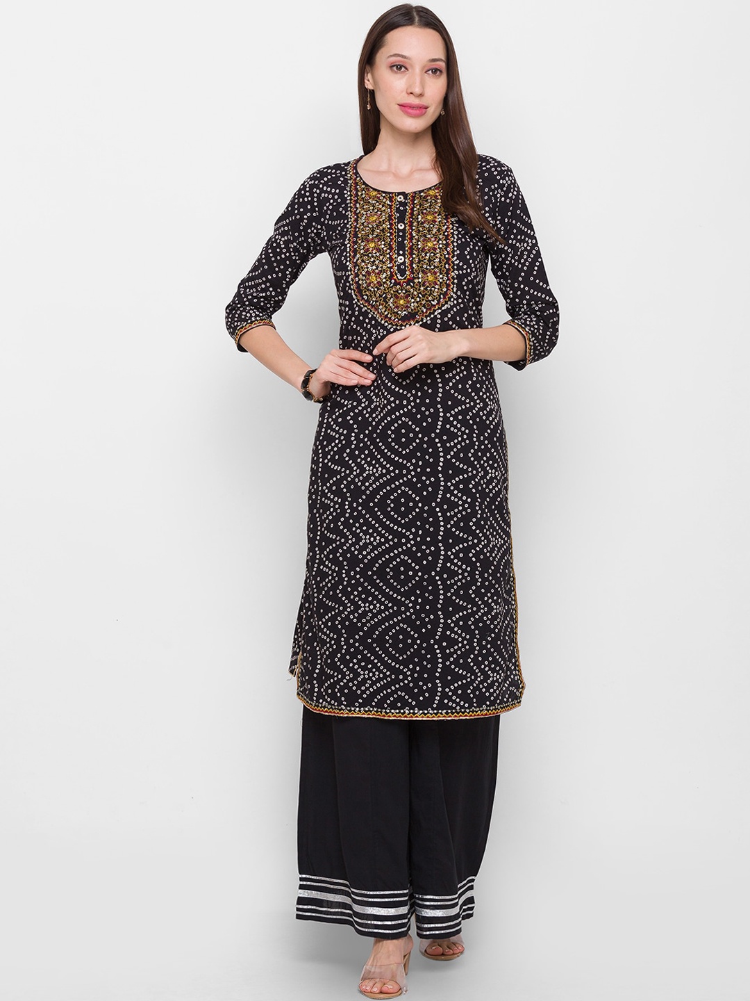 

Globus Women Black Printed Panelled Pure Cotton Kurta with Palazzos