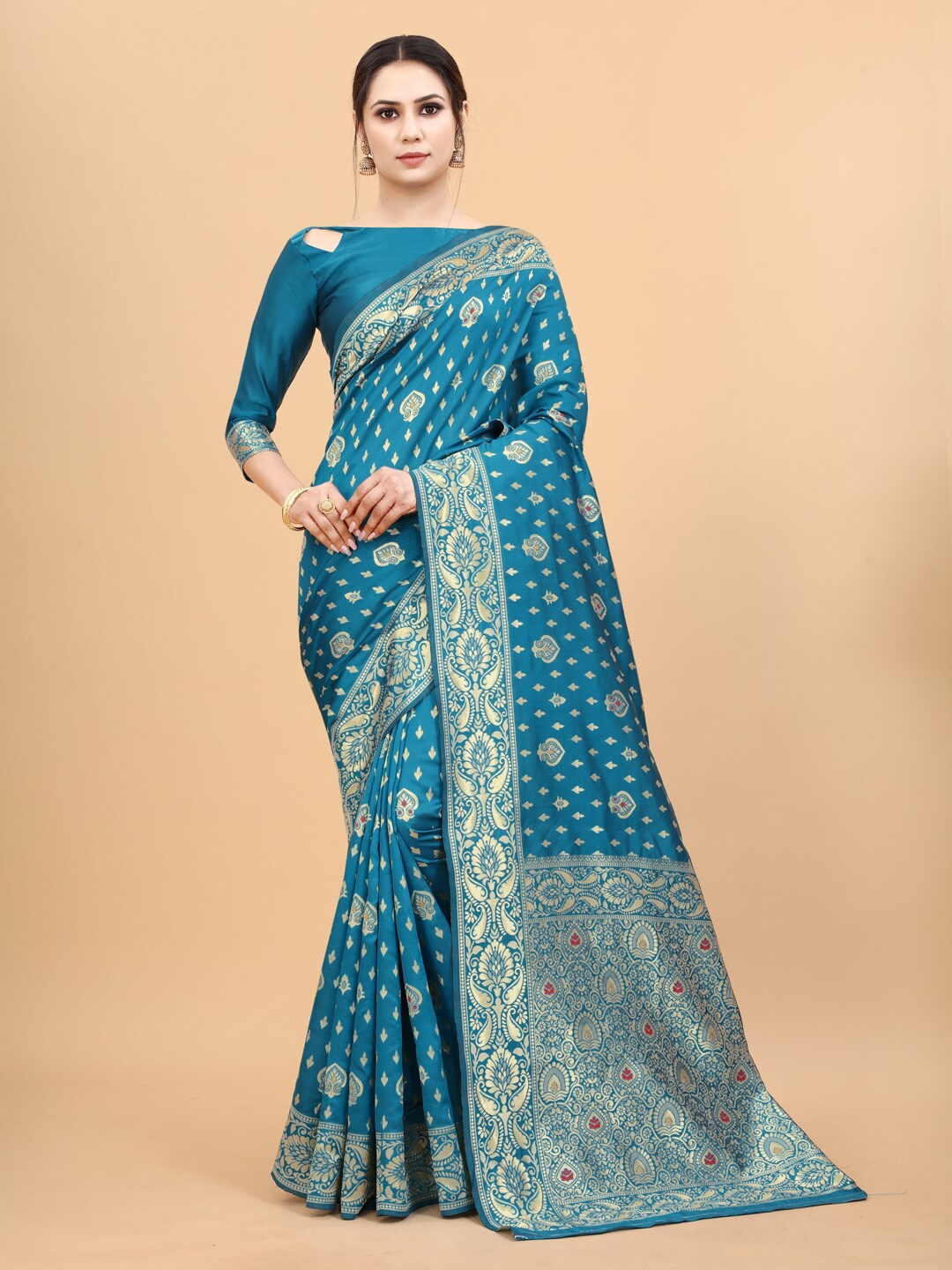 

SATYAM WEAVES Blue & Gold-Toned Ethnic Motifs Zari Silk Cotton Banarasi Saree