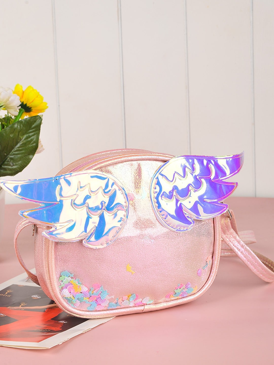 

POPLINS Kids Pink Printed PU Structured Sling Bag with Applique