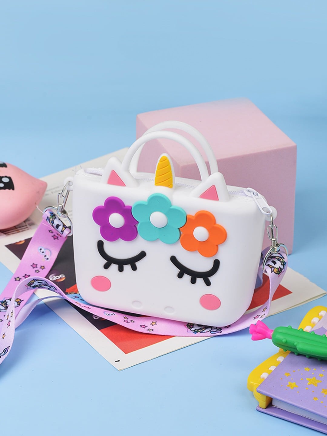

POPLINS Kids White Printed Structured Sling Bag with Applique