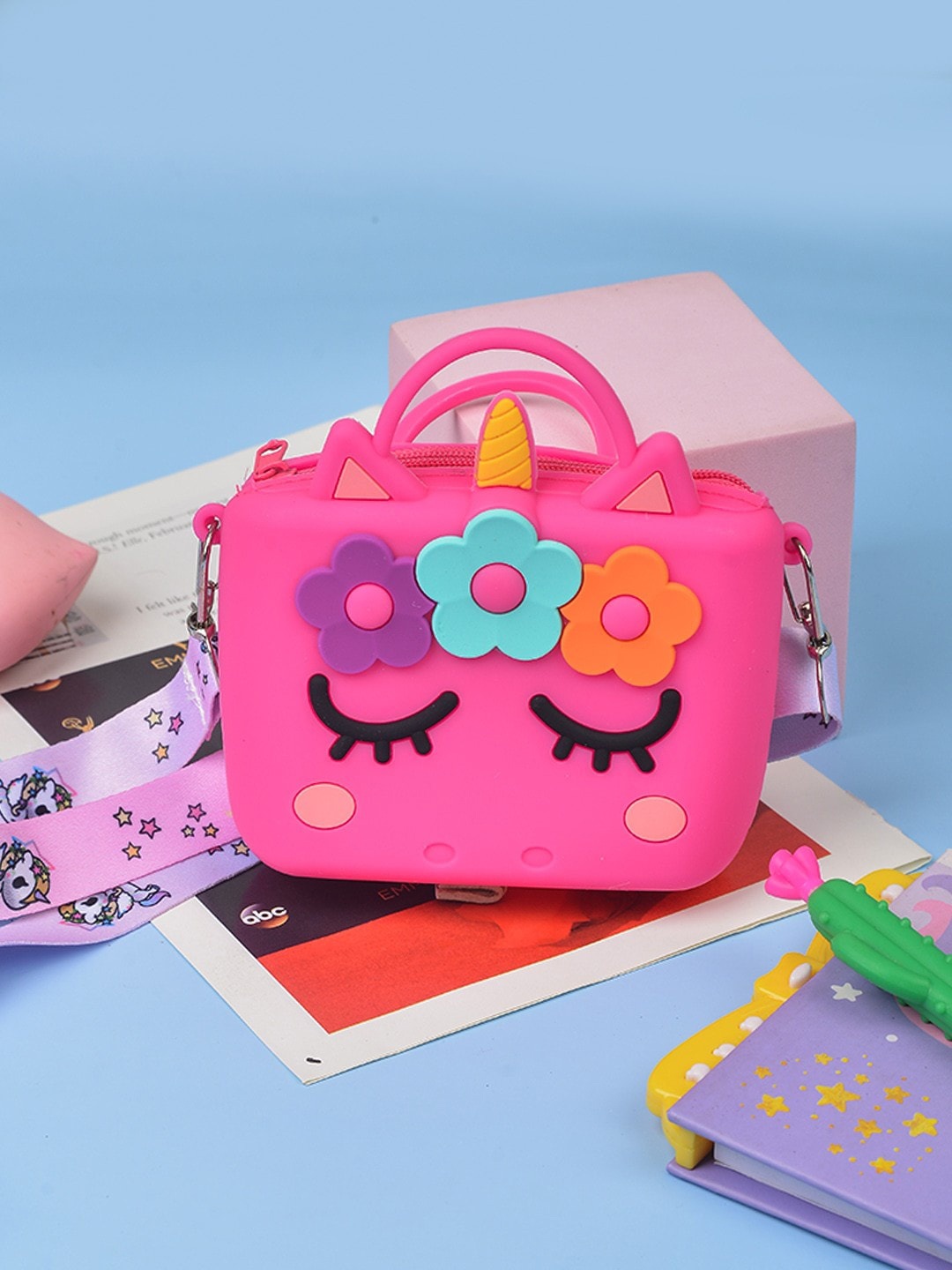 

POPLINS Pink Printed Structured Sling Bag with Applique
