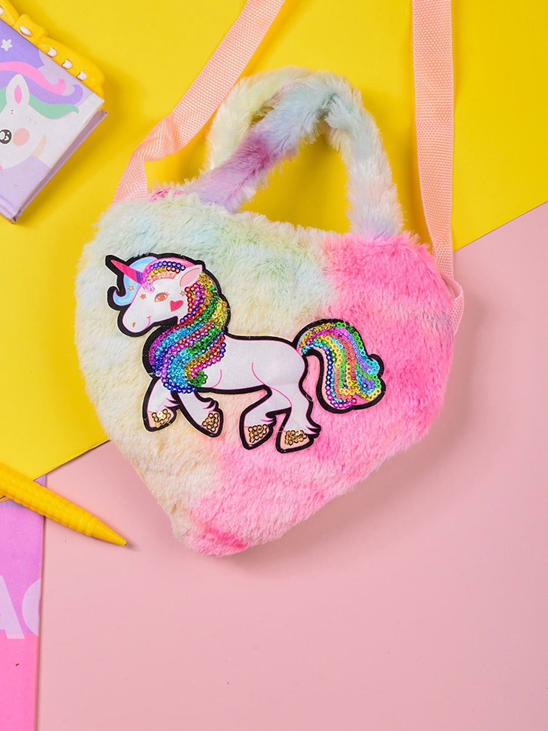 

POPLINS Kids Multicoloured Printed Unicorn Sequin Structured Faux Fur Sling Bag, Multi