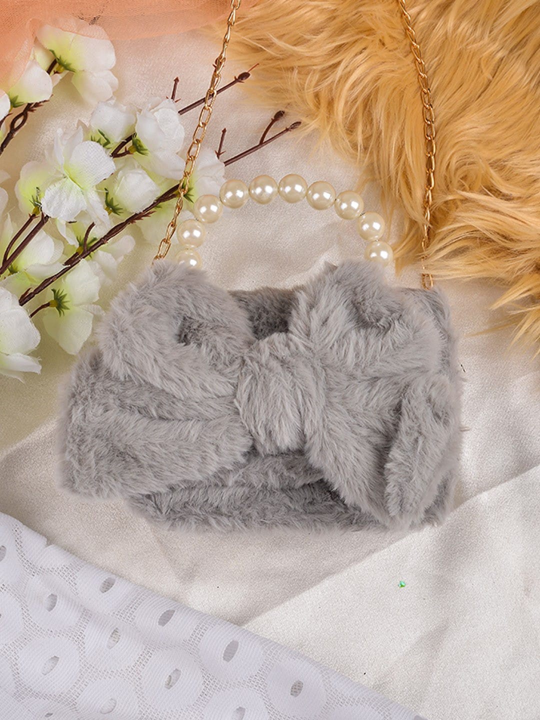 

POPLINS Girls Grey Structured Fur Sling Bag with Bow Detail