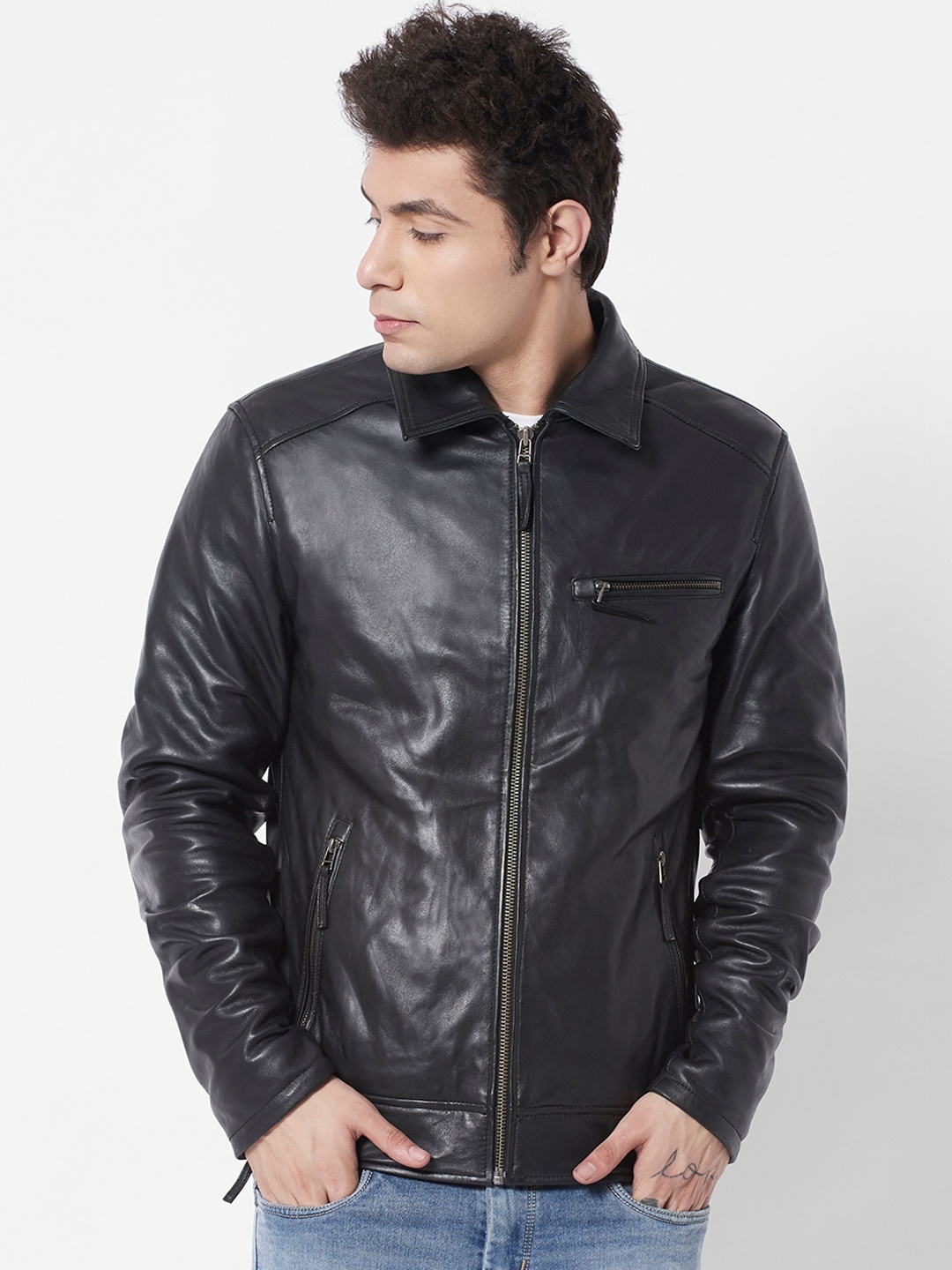 

WELBAWT Men Black Lightweight Leather Jacket