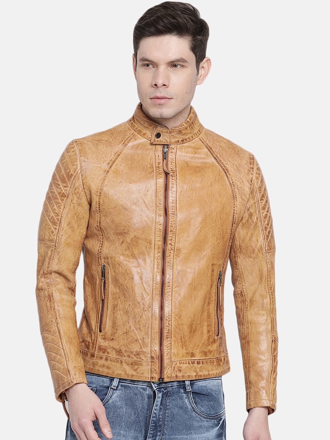 

WELBAWT Men Tan Leather Lightweight e-Dry Technology Biker Jacket