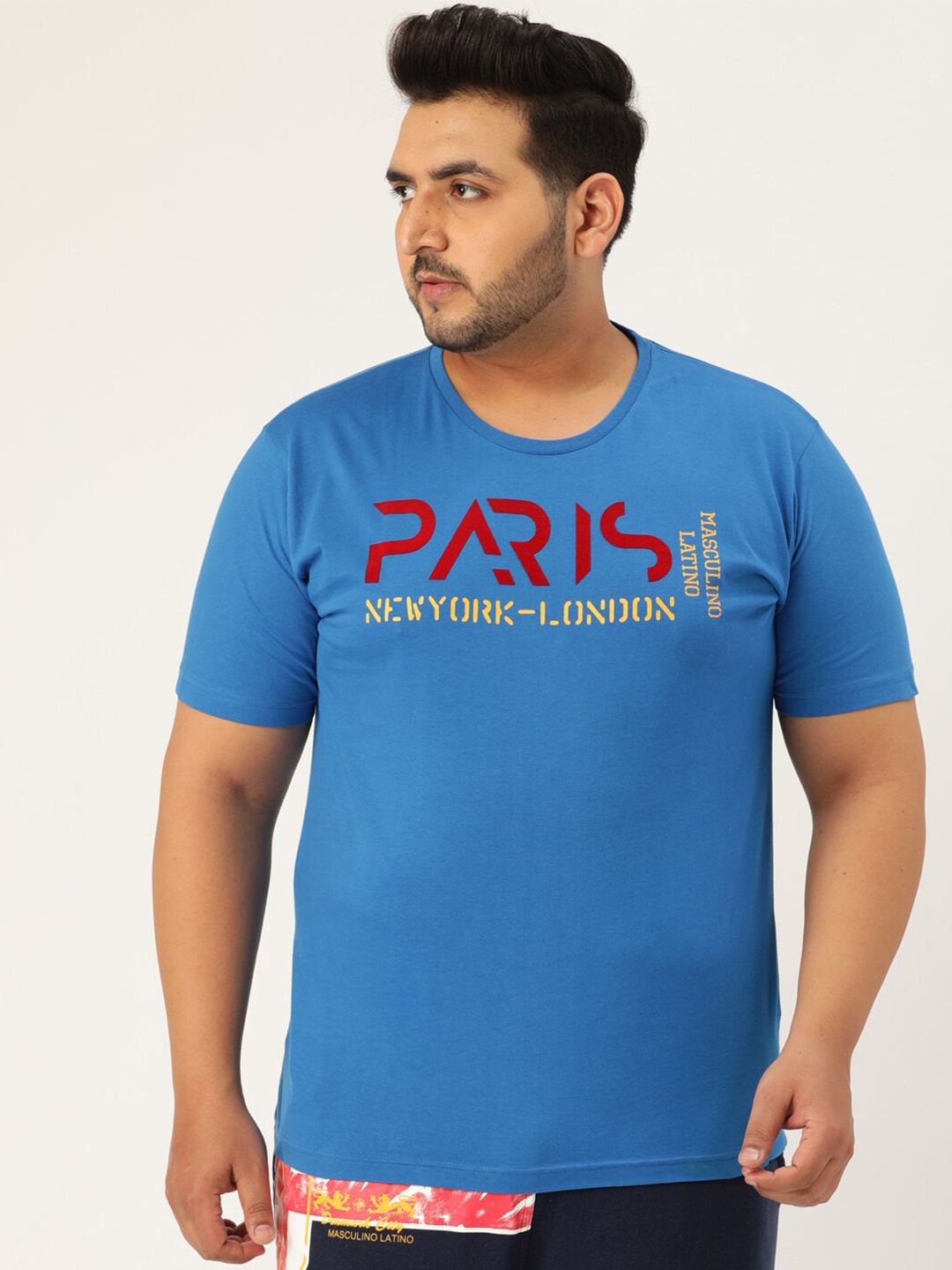 

Masculino Latino Plus Size Men Blue Typography Printed Cotton T-shirt