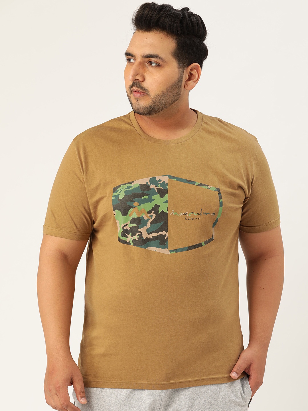 

Masculino Latino Plus Men Plus Size Khaki & Green Camouflage Printed T-shirt
