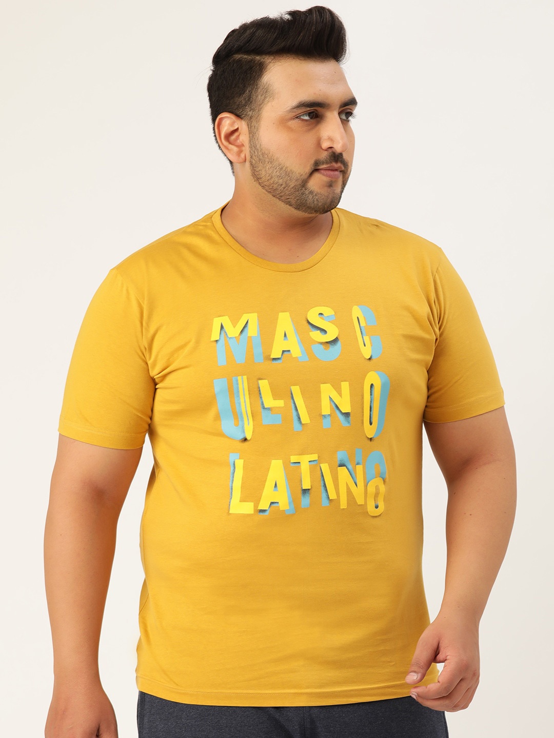

Masculino Latino Plus Size Men Yellow Typography Printed Applique Cotton T-shirt