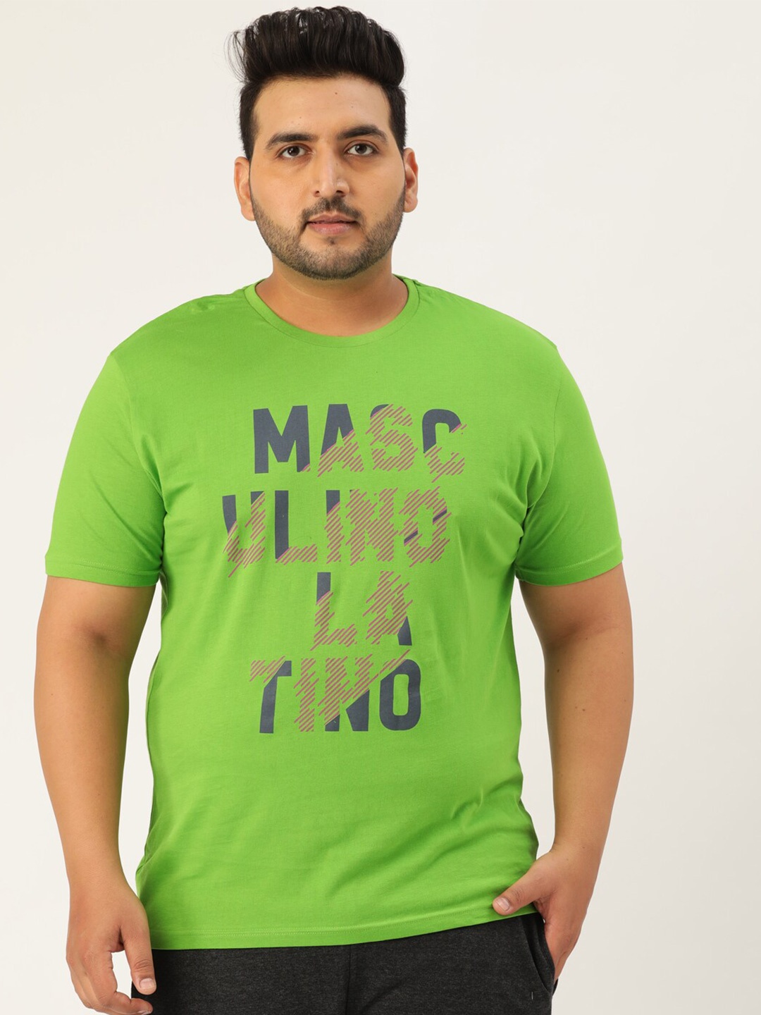 

Masculino Latino Plus Size Men Green Printed Raw Edge Cotton T-shirt