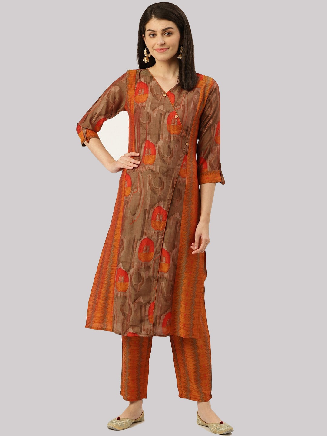 

Sangria Women Brown Printed Angrakha Kurti with Trousers