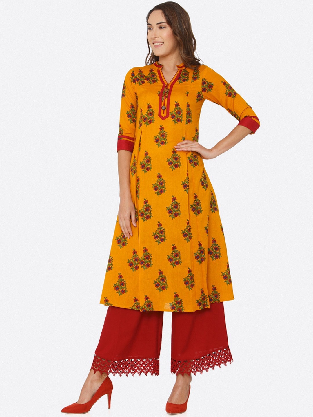 

Sangria Women Mustard & Red Floral Printed Kurta with Palazzos