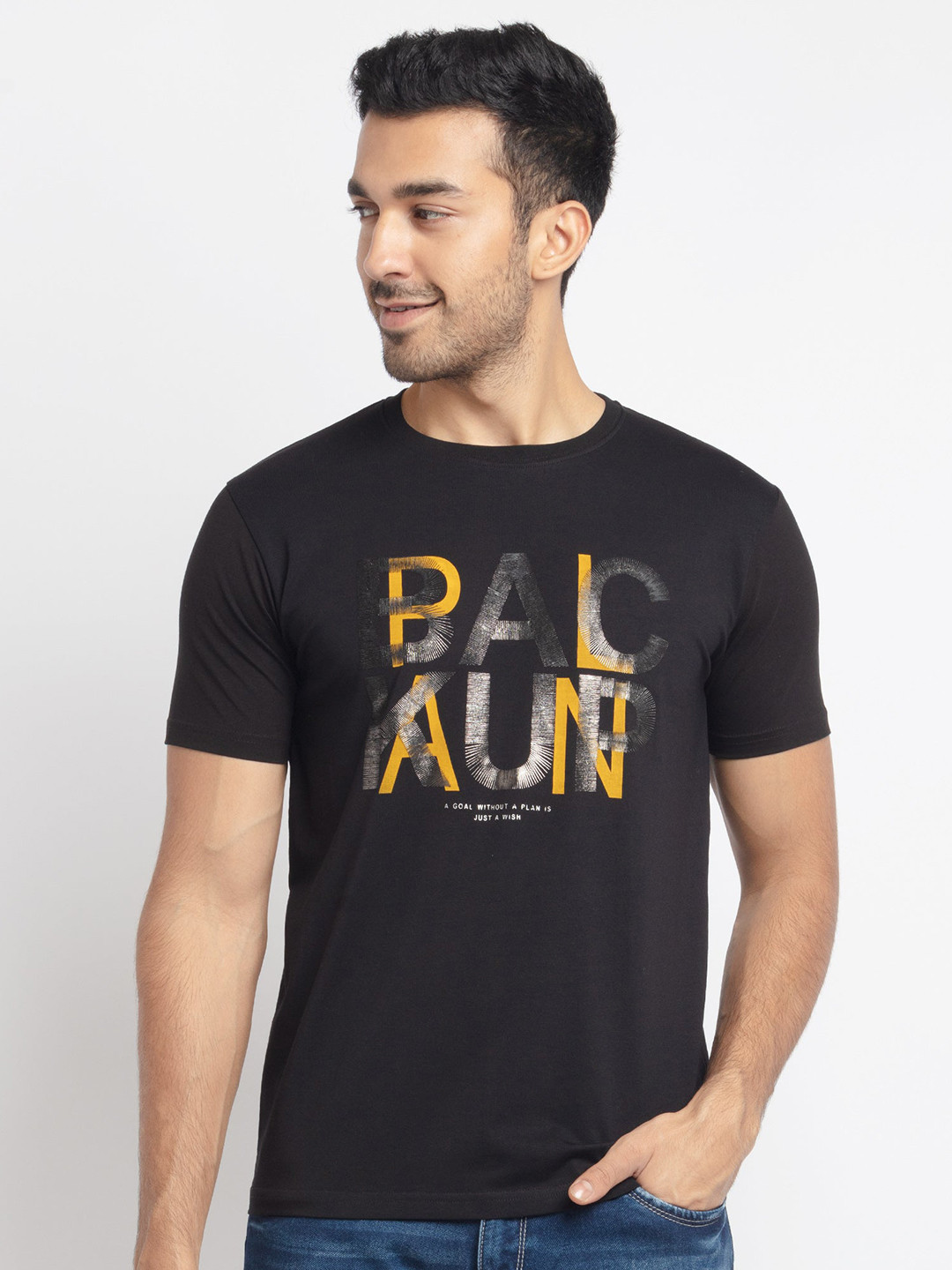

Status Quo Men Black Typography Printed Applique T-shirt