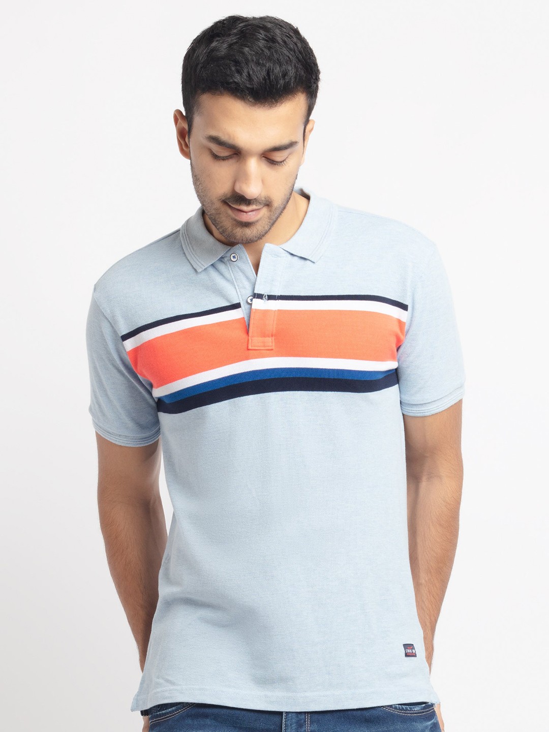 

Status Quo Men Blue & Orange Striped Polo Collar T-shirt