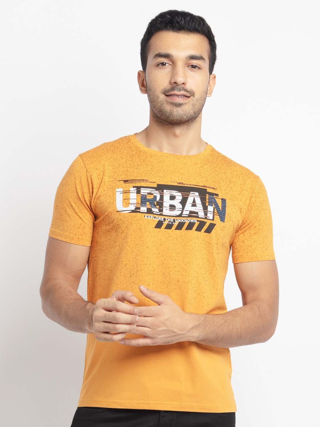 

Status Quo Men Yellow Typography Printed Applique Cotton T-shirt