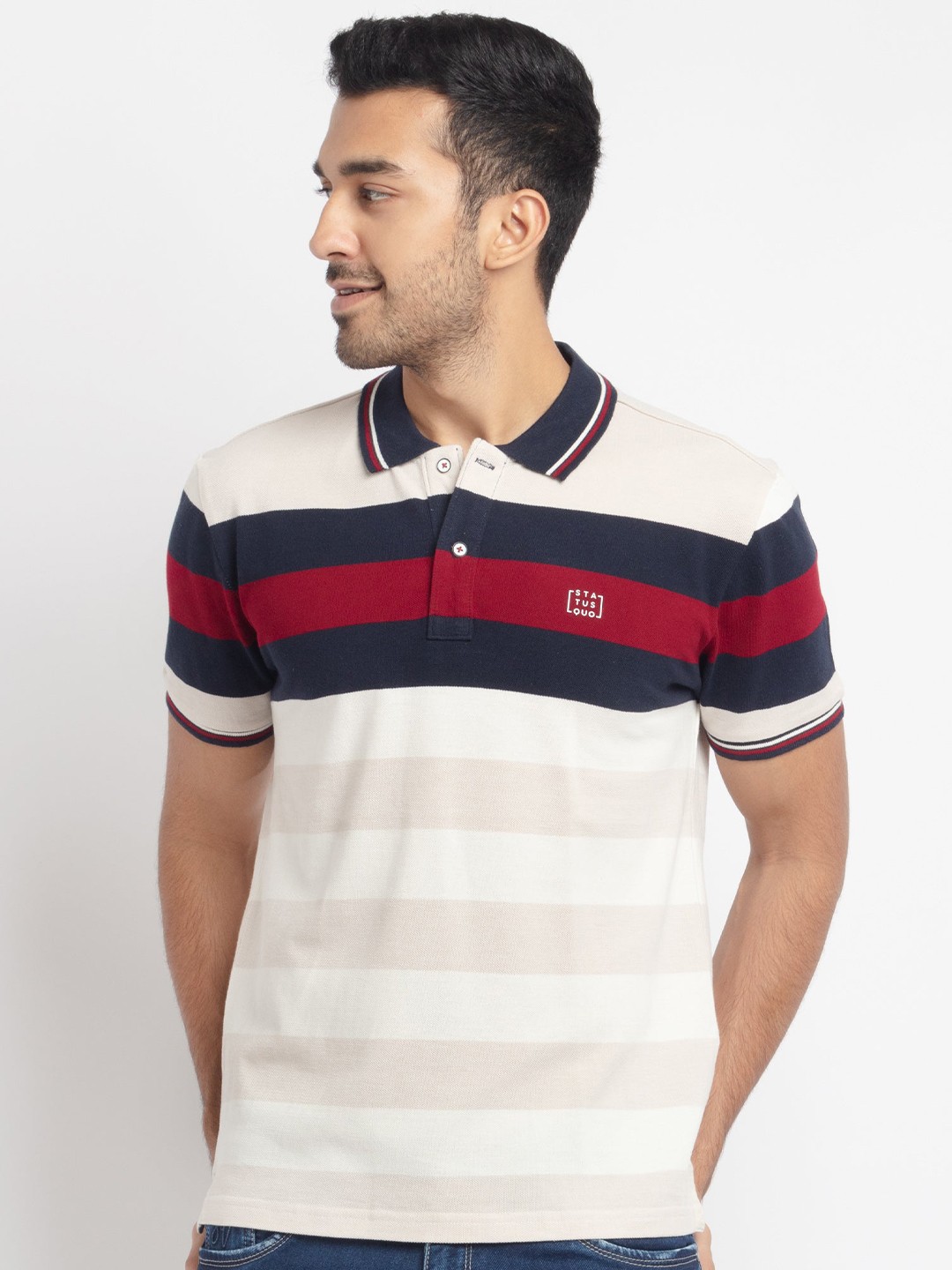 

Status Quo Men White & Navy Blue Striped Polo Collar Applique Cotton T-shirt