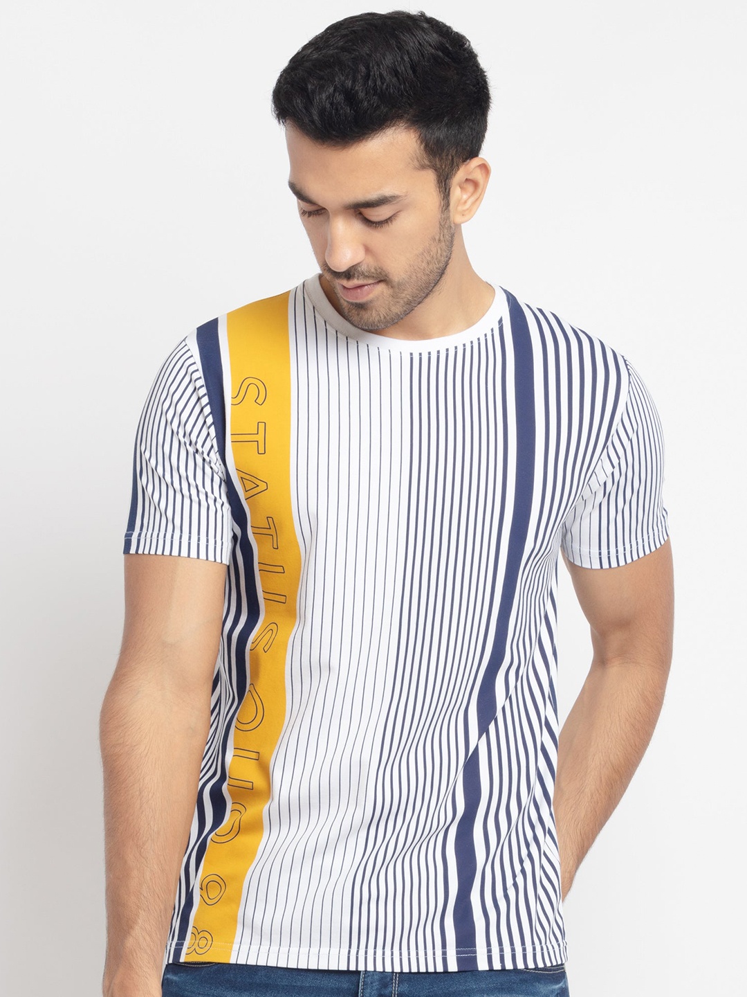 

Status Quo Men Navy Blue & White Striped Round Neck Cotton T-shirt