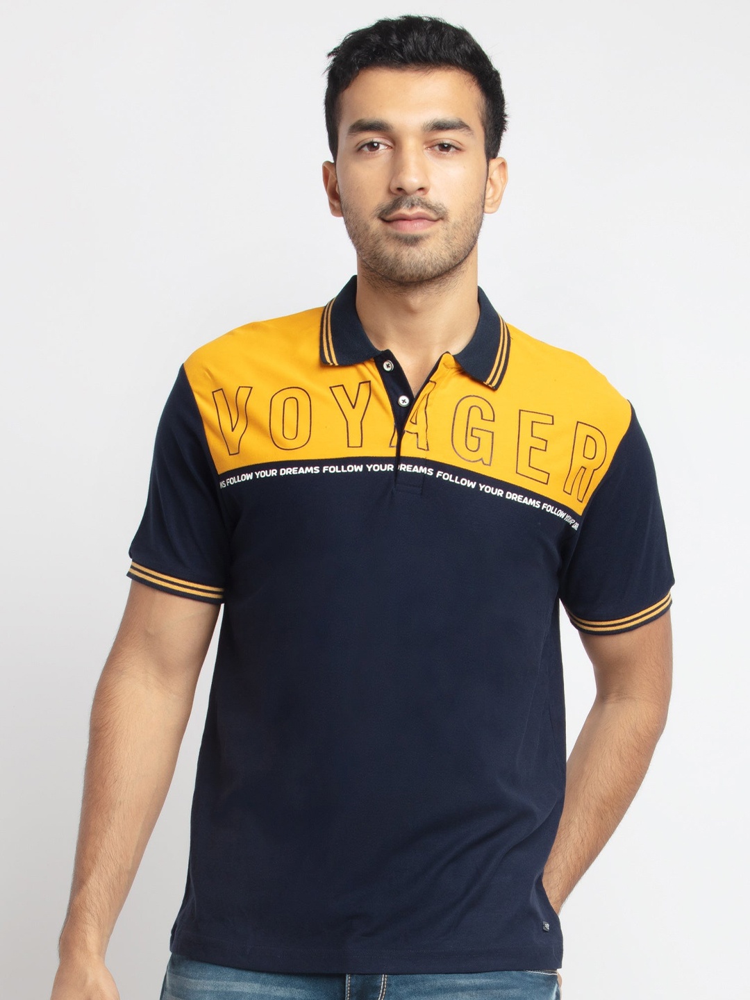 

Status Quo Men Navy Blue & Yellow Colourblocked Polo Collar T-shirt
