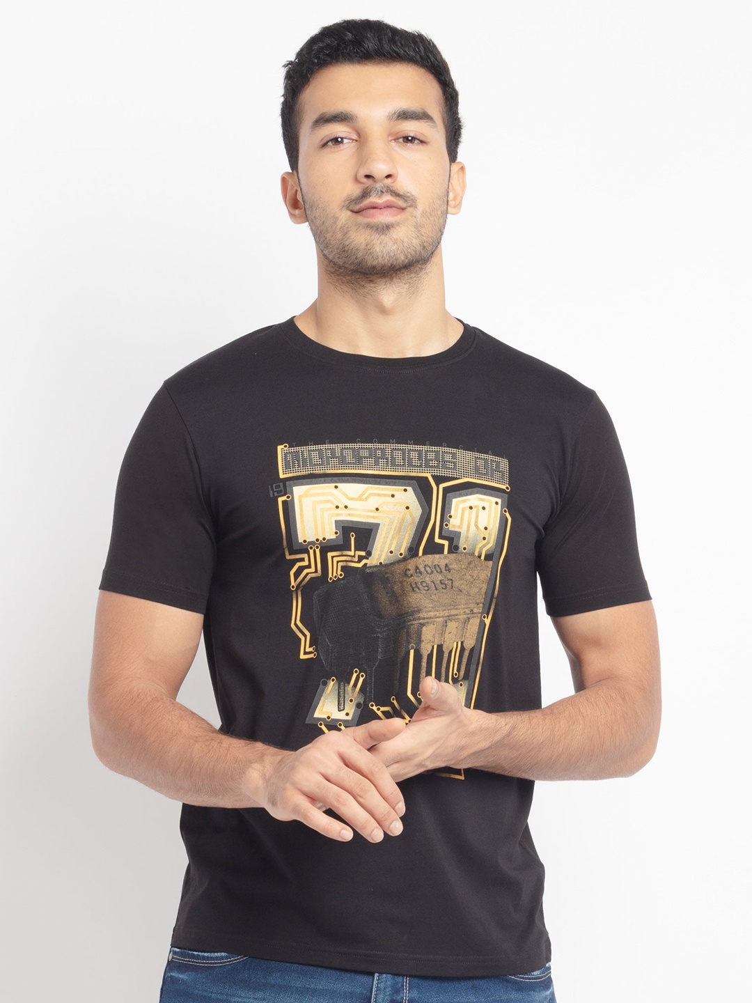

Status Quo Men Black Graphic Printed Cotton T-shirt