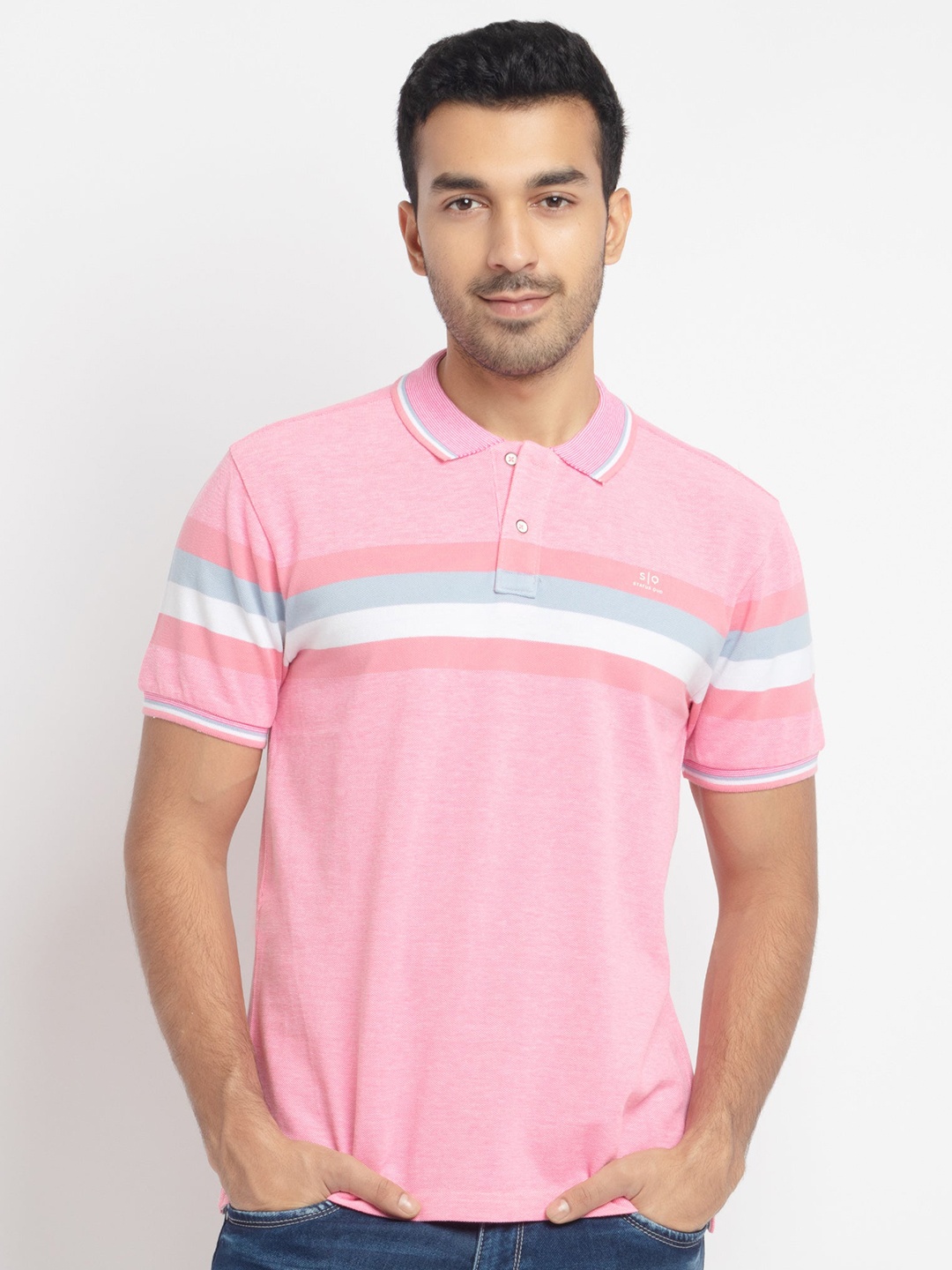 

Status Quo Men Pink & White Striped Polo Collar T-shirt