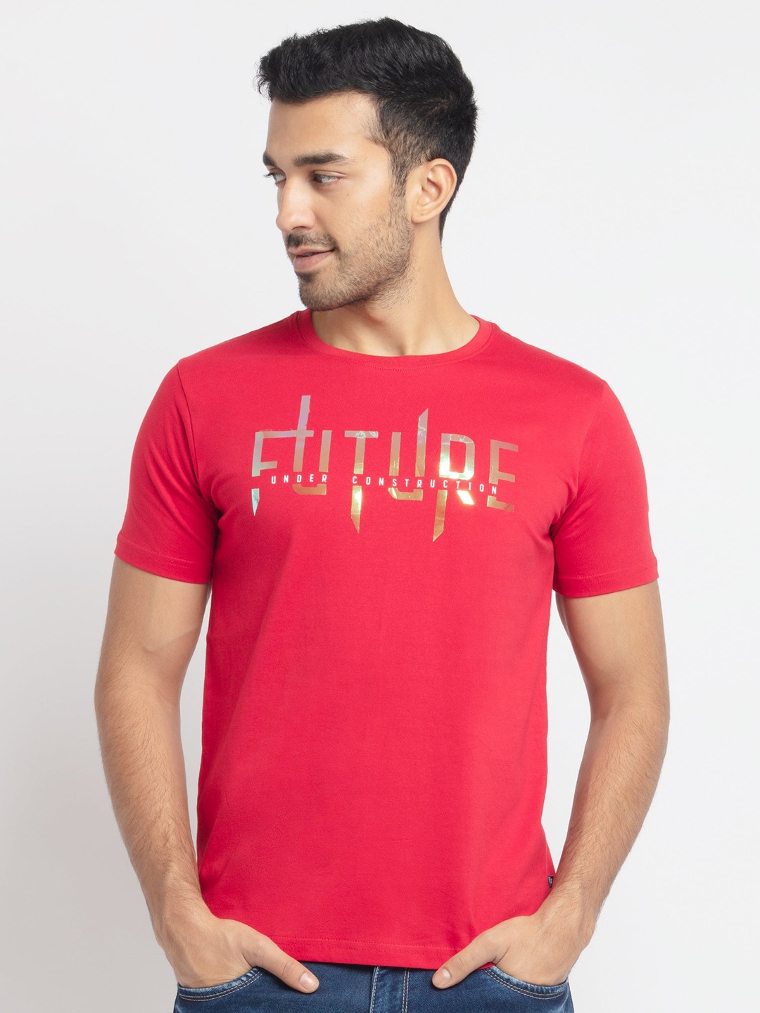 

Status Quo Men Red Typography Printed Round Neck Cotton T-shirt