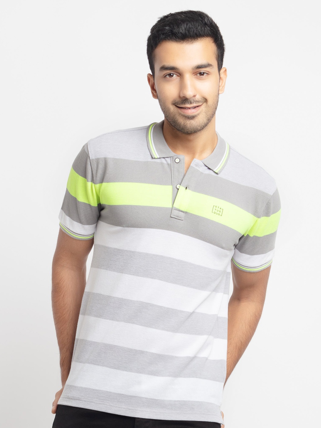 

Status Quo Men Grey Striped Polo Collar Applique Cotton T-shirt