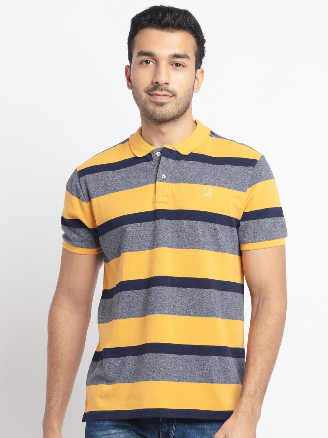 

Status Quo Men Yellow & Navy Blue Striped Polo Collar T-shirt