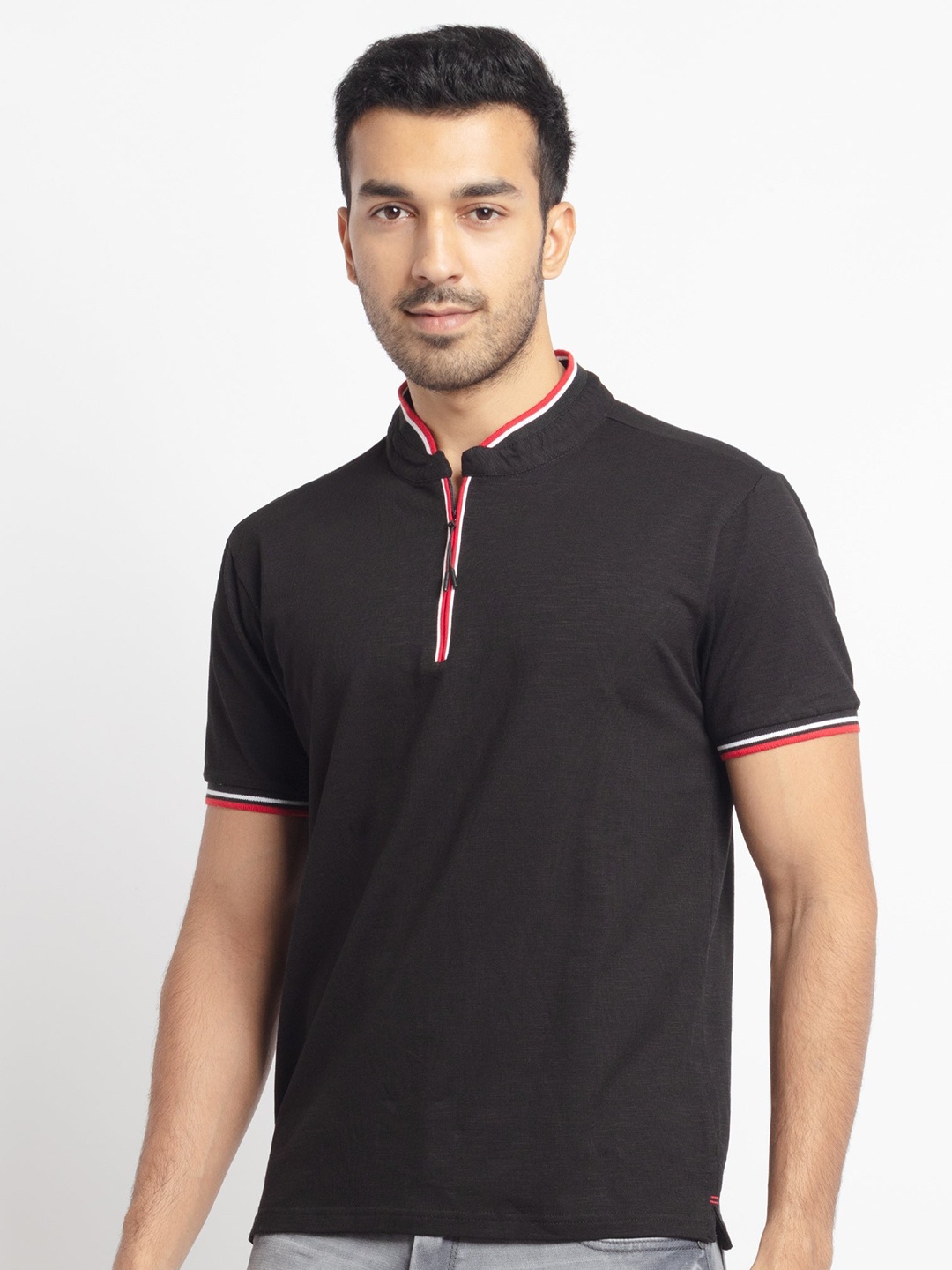 

Status Quo Men Black Solid Polo Collar Cotton T-shirt