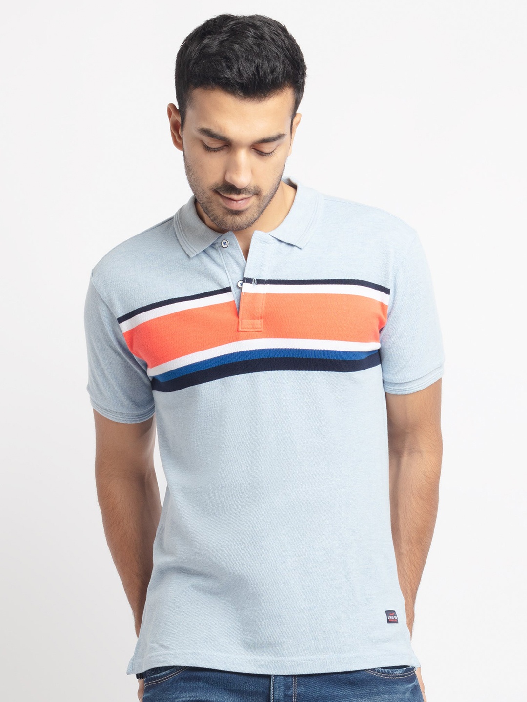

Status Quo Men Blue Striped Polo Collar Pockets T-shirt