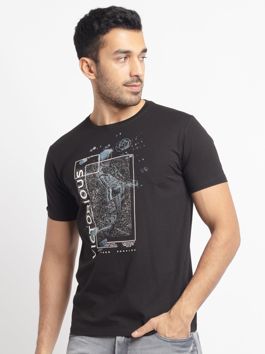 

Status Quo Men Black Graphic Printed Round Neck Cotton T-shirt