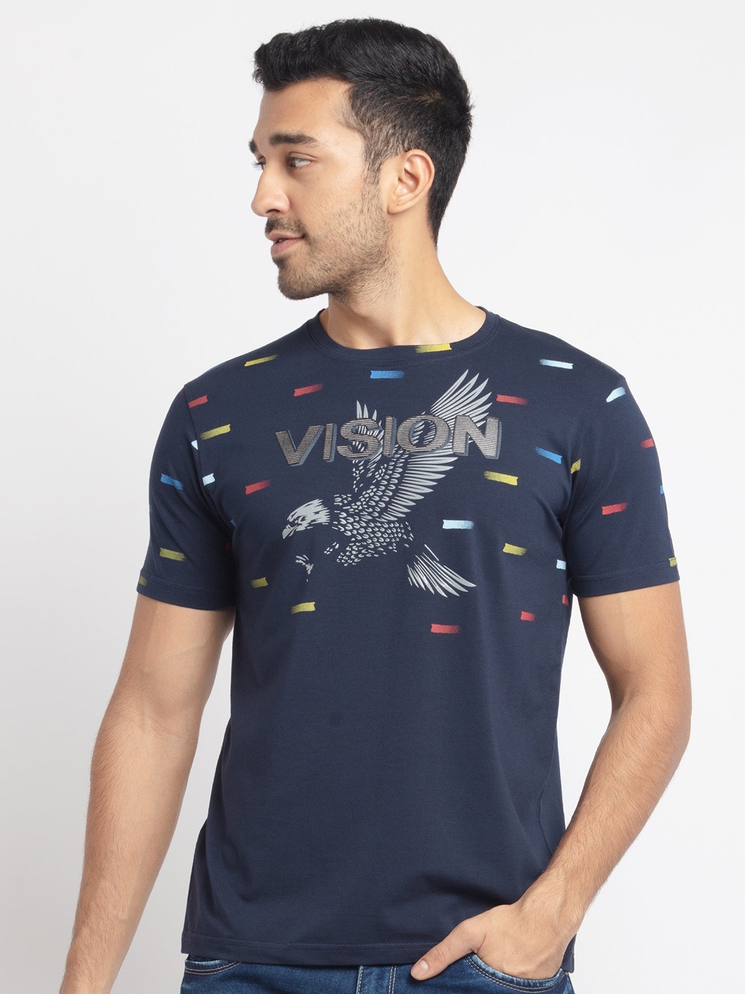 

Status Quo Men Navy Blue Printed Applique Cotton T-shirt