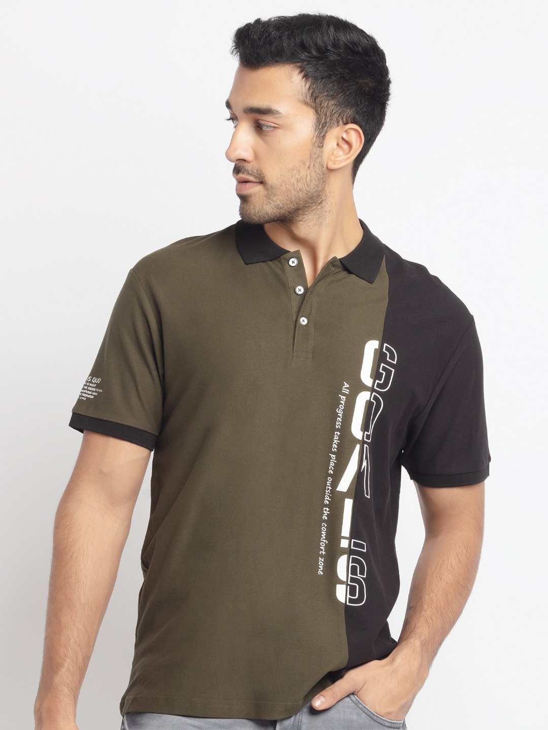 

Status Quo Men Black & Olive Green Typography Colourblocked Polo Collar T-shirt