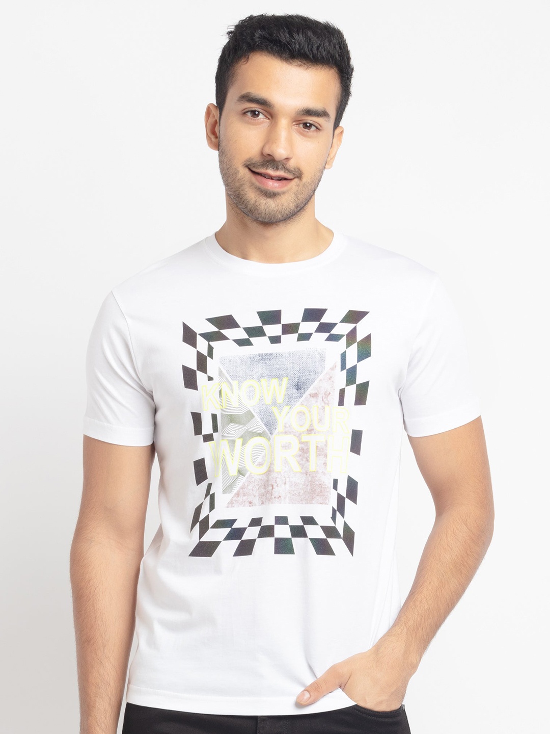 

Status Quo Men White Printed Round Neck Cotton T-shirt