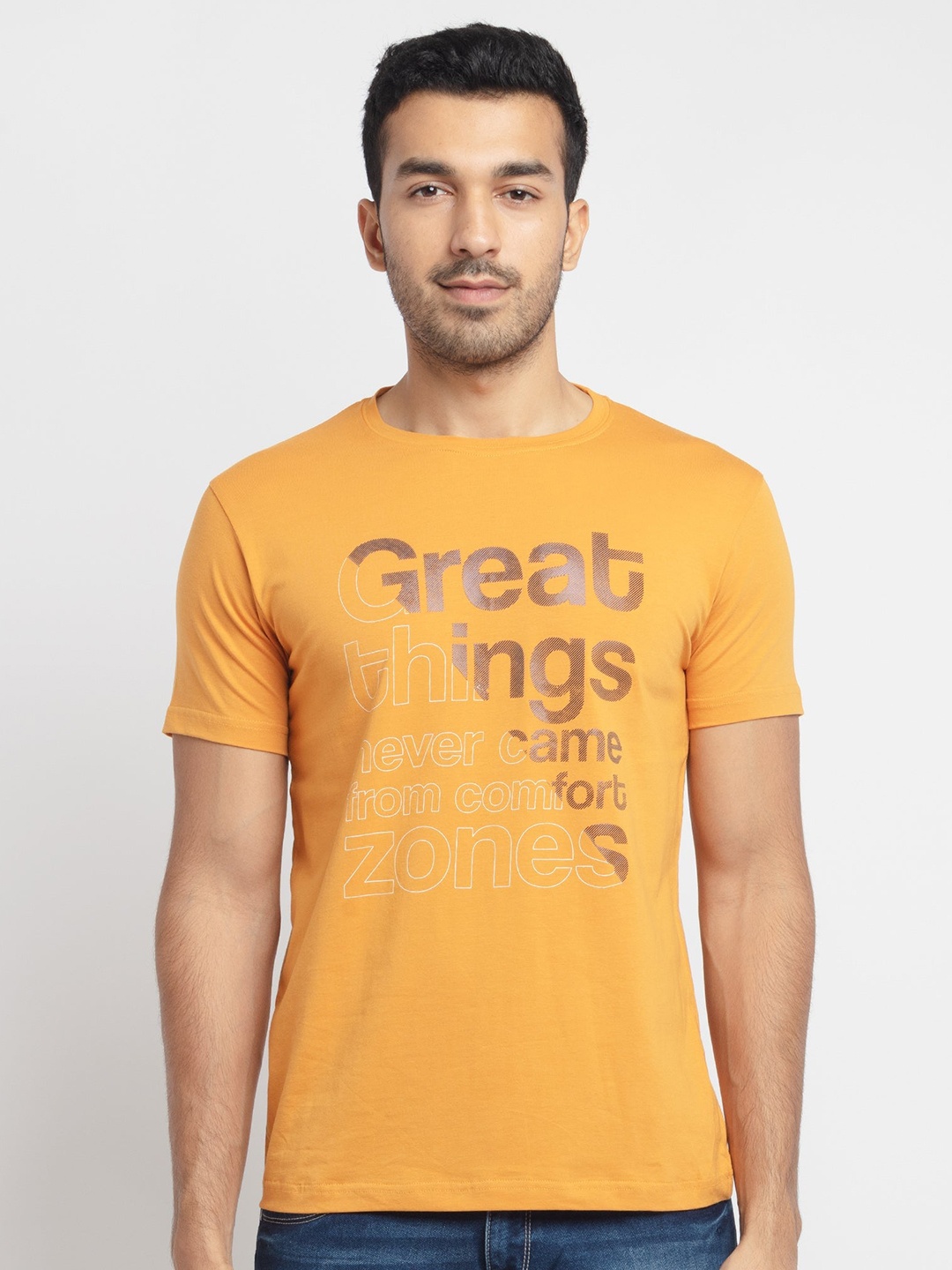 

Status Quo Men Yellow Typography Printed Applique Cotton T-shirt