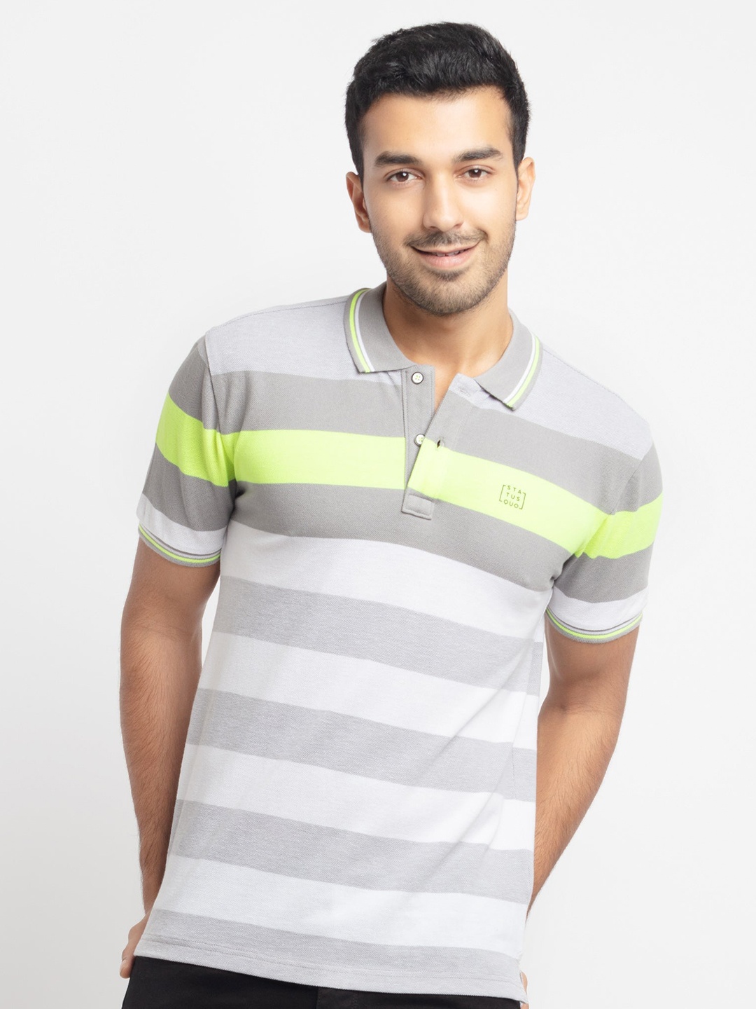 

Status Quo Men Grey & Fluorescent Green Striped Polo Collar T-shirt