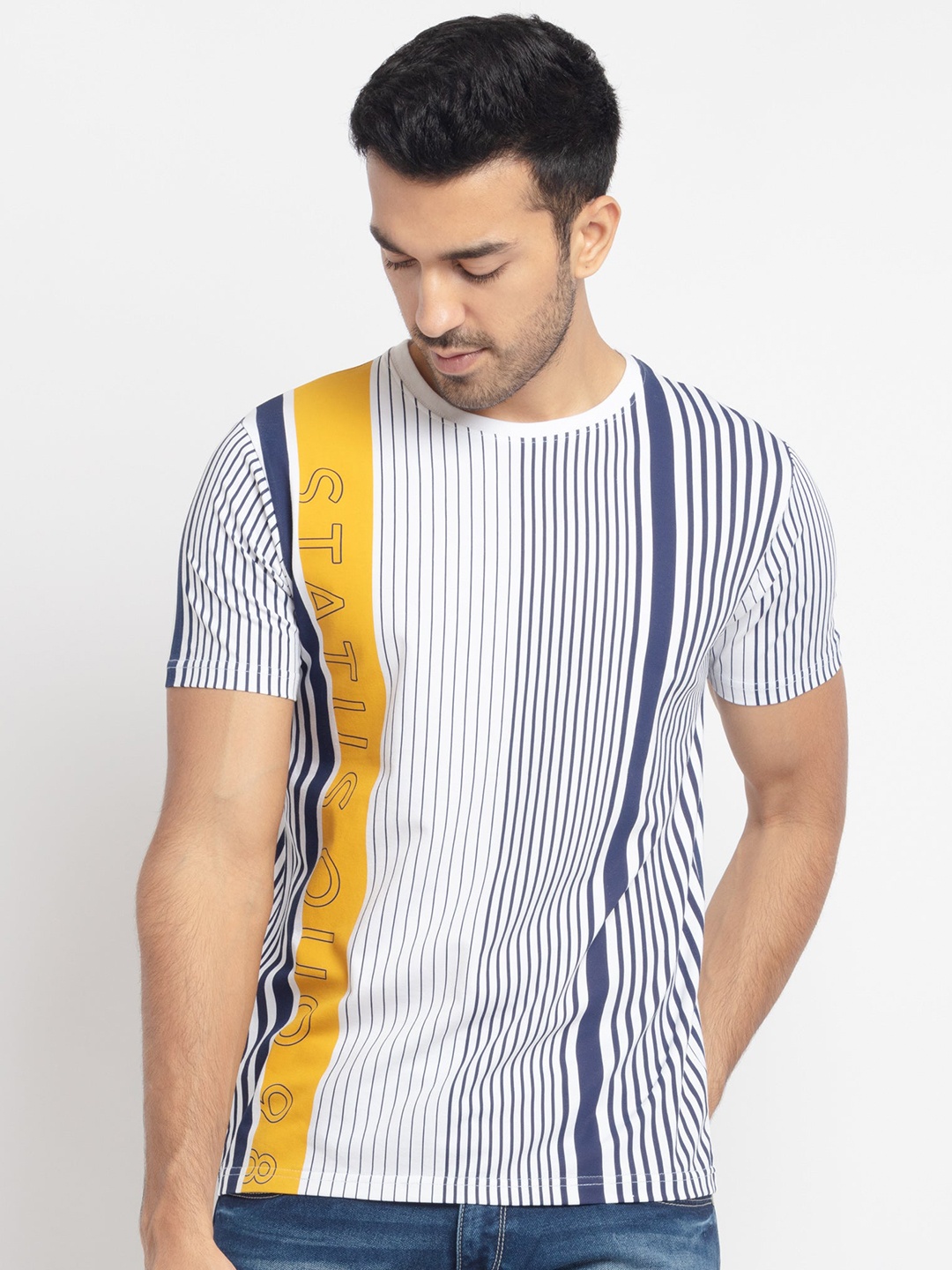 

Status Quo Men White & Navy Blue Striped Cotton T-shirt