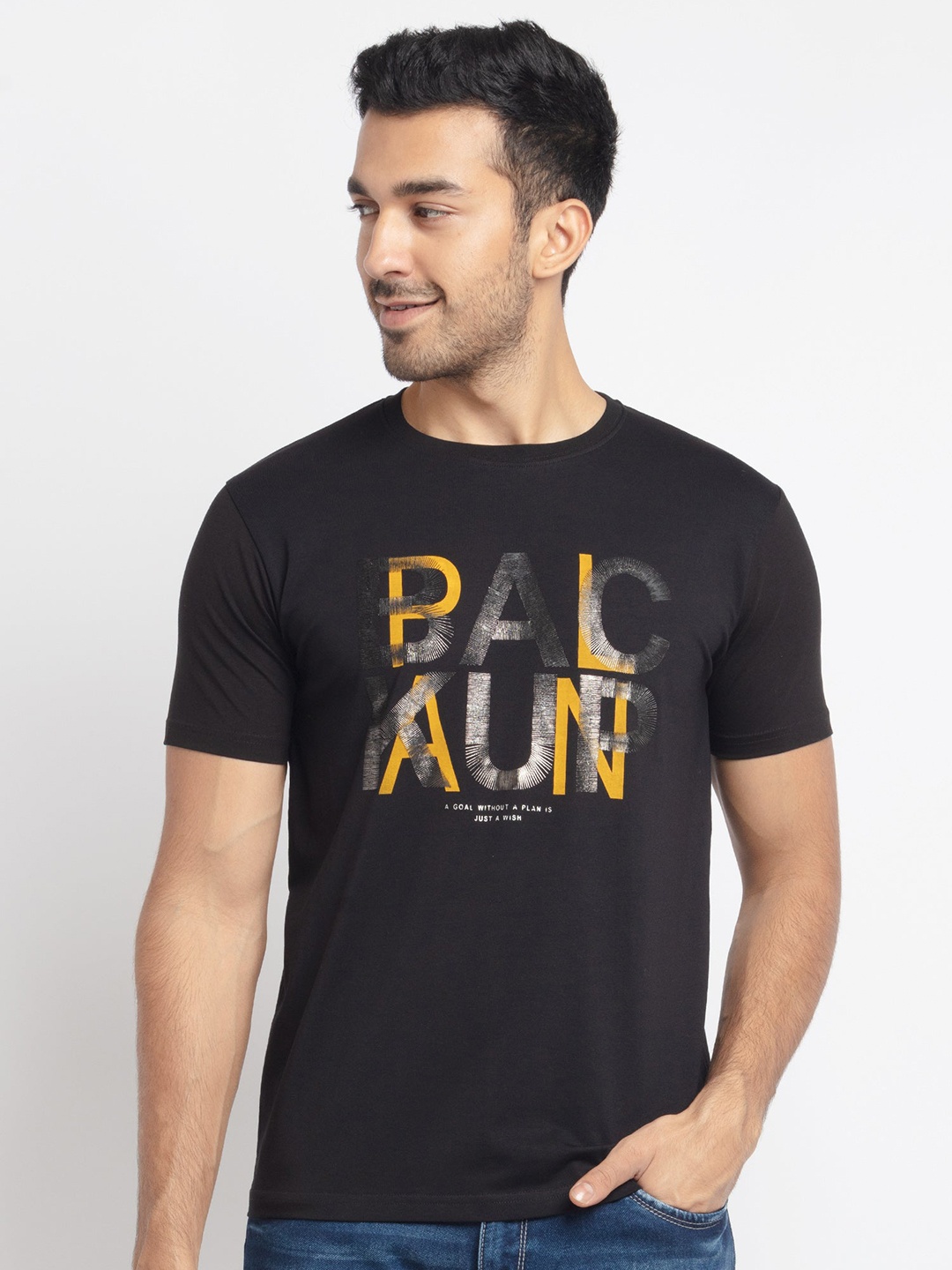

Status Quo Men Black Typography Printed Applique T-shirt