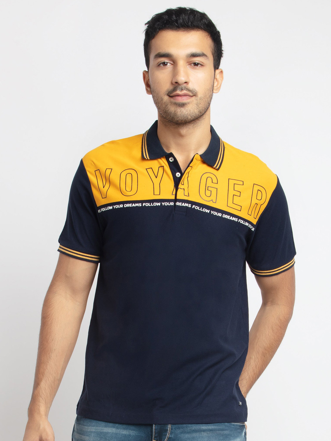 

Status Quo Men Navy Blue & Yellow Colourblocked Polo Collar T-shirt