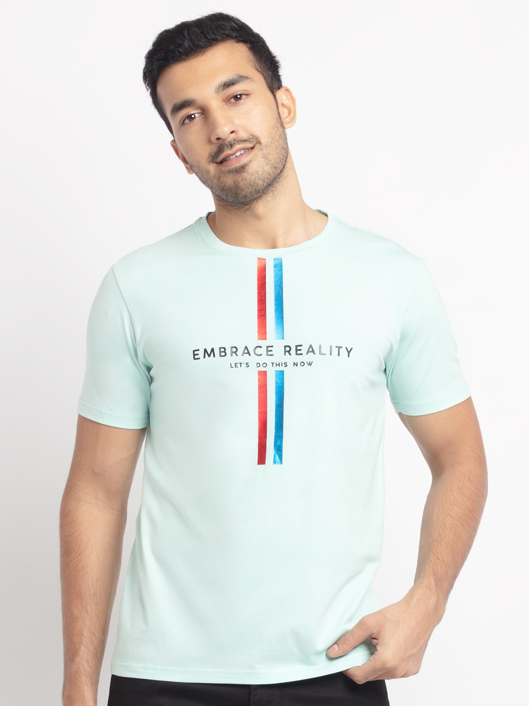 

Status Quo Men Green Typography Printed Henley Neck Applique T-shirt