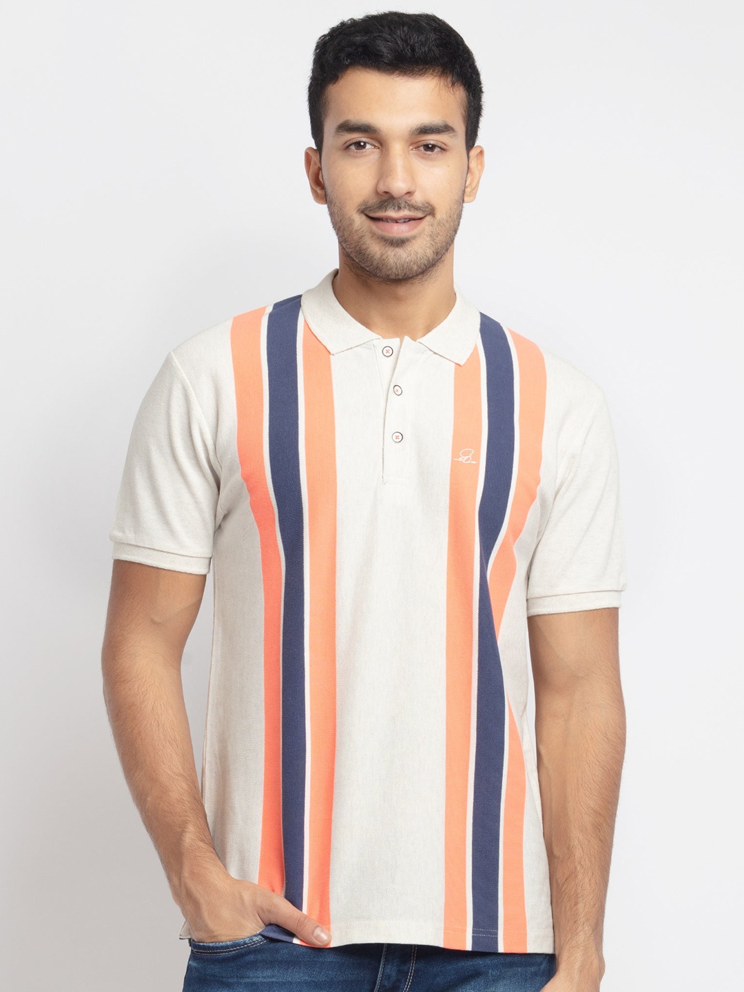 

Status Quo Men Cream-Coloured & Orange Striped Polo Collar T-shirt