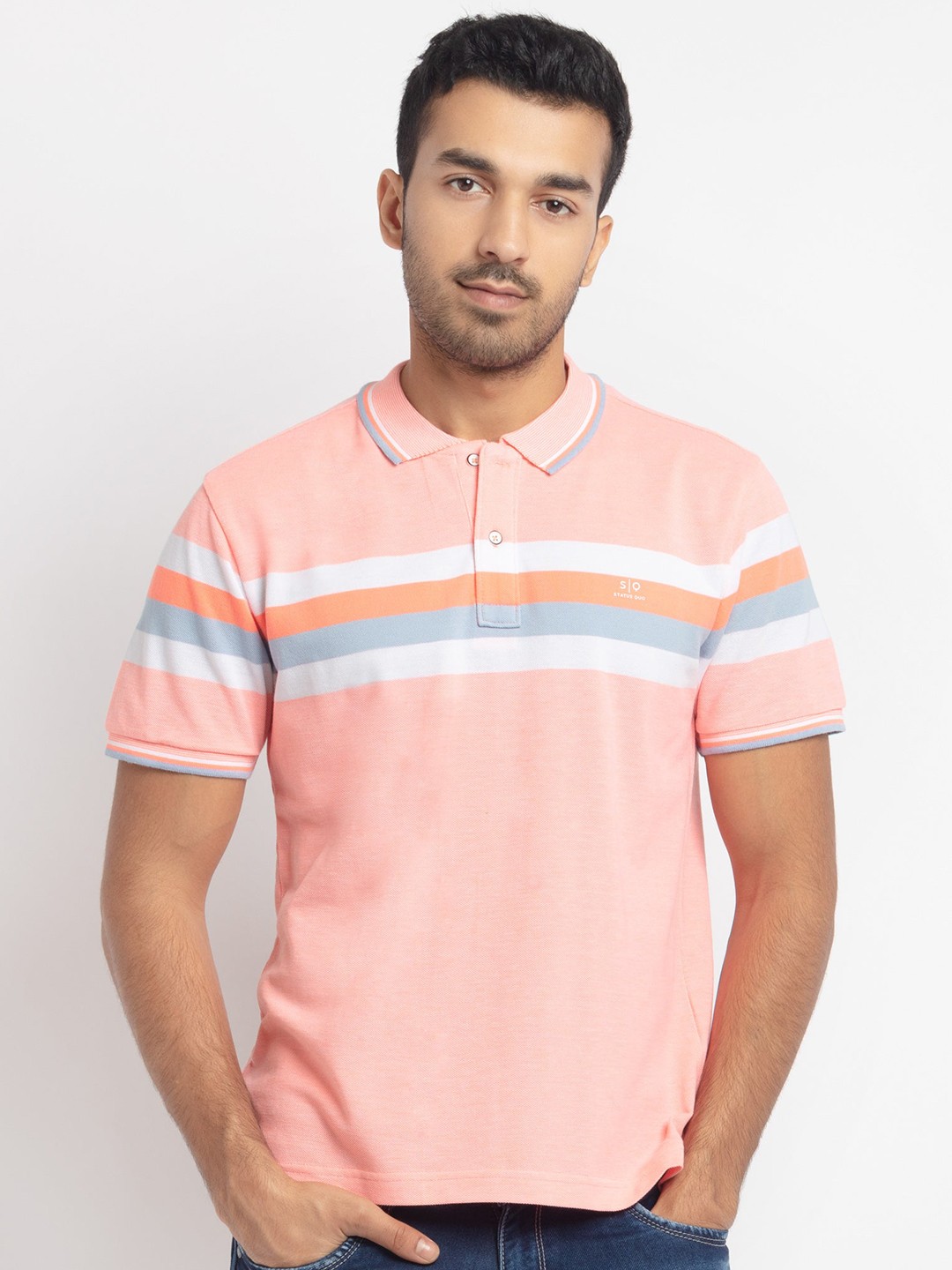 

Status Quo Men Orange Striped Polo Collar Pockets T-shirt